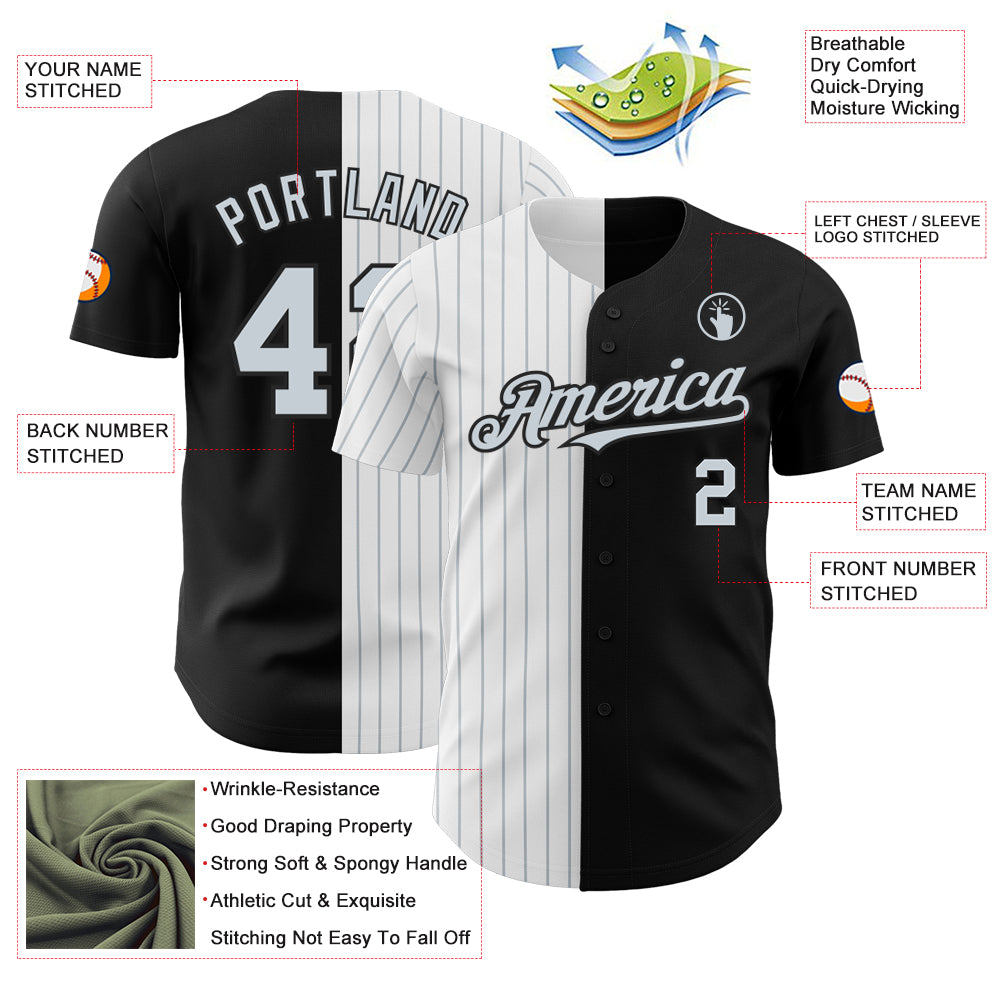 Custom Black White-Silver Pinstripe Authentic Split Fashion Baseball Jersey