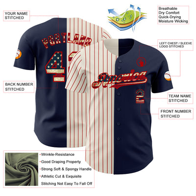 Custom Navy Vintage USA Flag Cream-Red Pinstripe Authentic Split Fashion Baseball Jersey