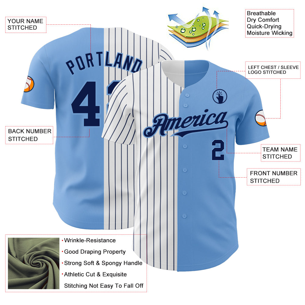 Custom Light Blue White-Navy Pinstripe Authentic Split Fashion Baseball Jersey