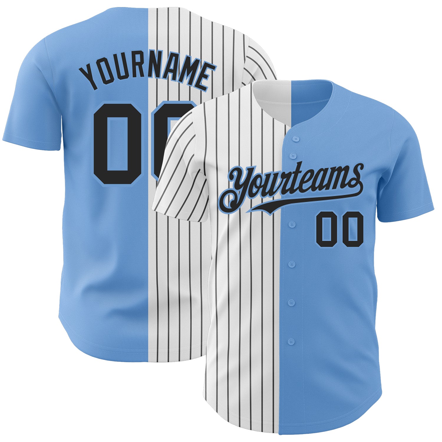 Custom Light Blue White-Black Pinstripe Authentic Split Fashion Baseball Jersey