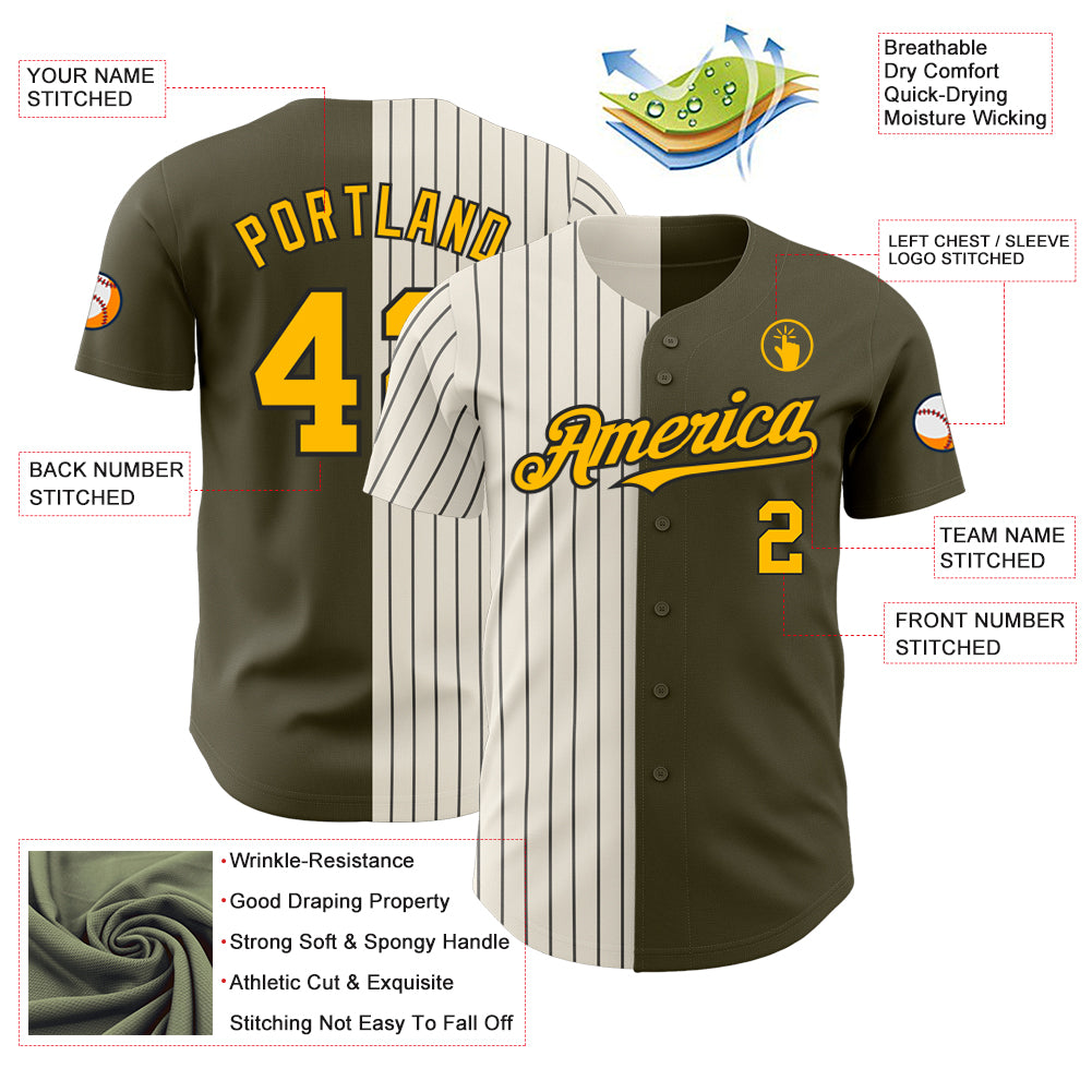 Custom Olive Gold Cream-Black Pinstripe Authentic Split Fashion Salute To Service Baseball Jersey