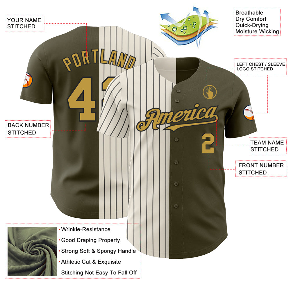 Custom Olive Old Gold Cream-Black Pinstripe Authentic Split Fashion Salute To Service Baseball Jersey