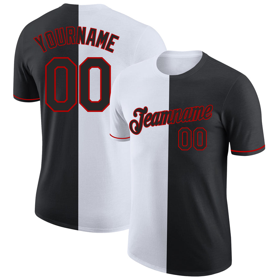 Custom Black White-Red Split Fashion Performance T-Shirt