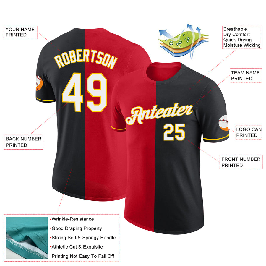 Custom Black Red-Yellow Split Fashion Performance T-Shirt