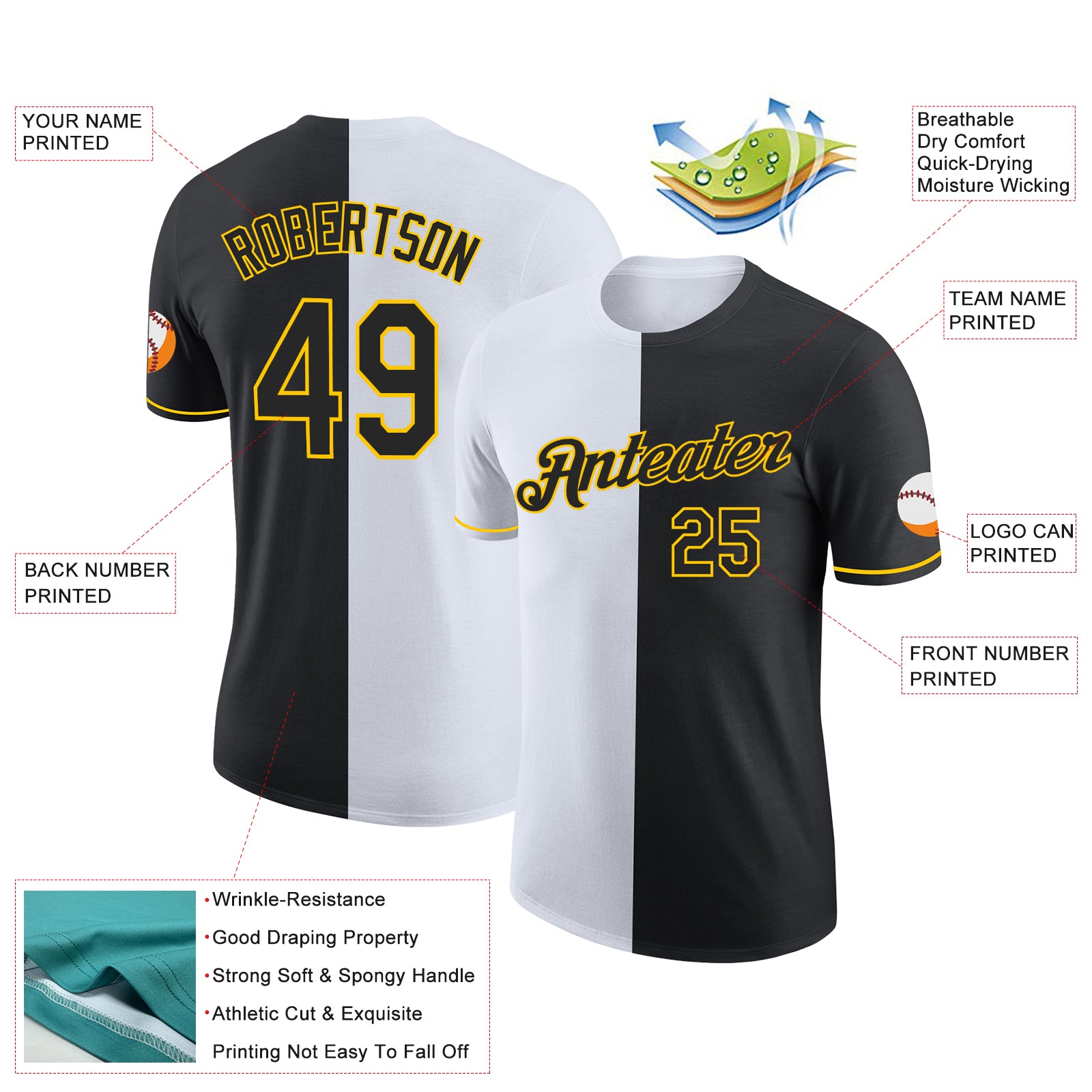 Custom Black White-Yellow Split Fashion Performance T-Shirt