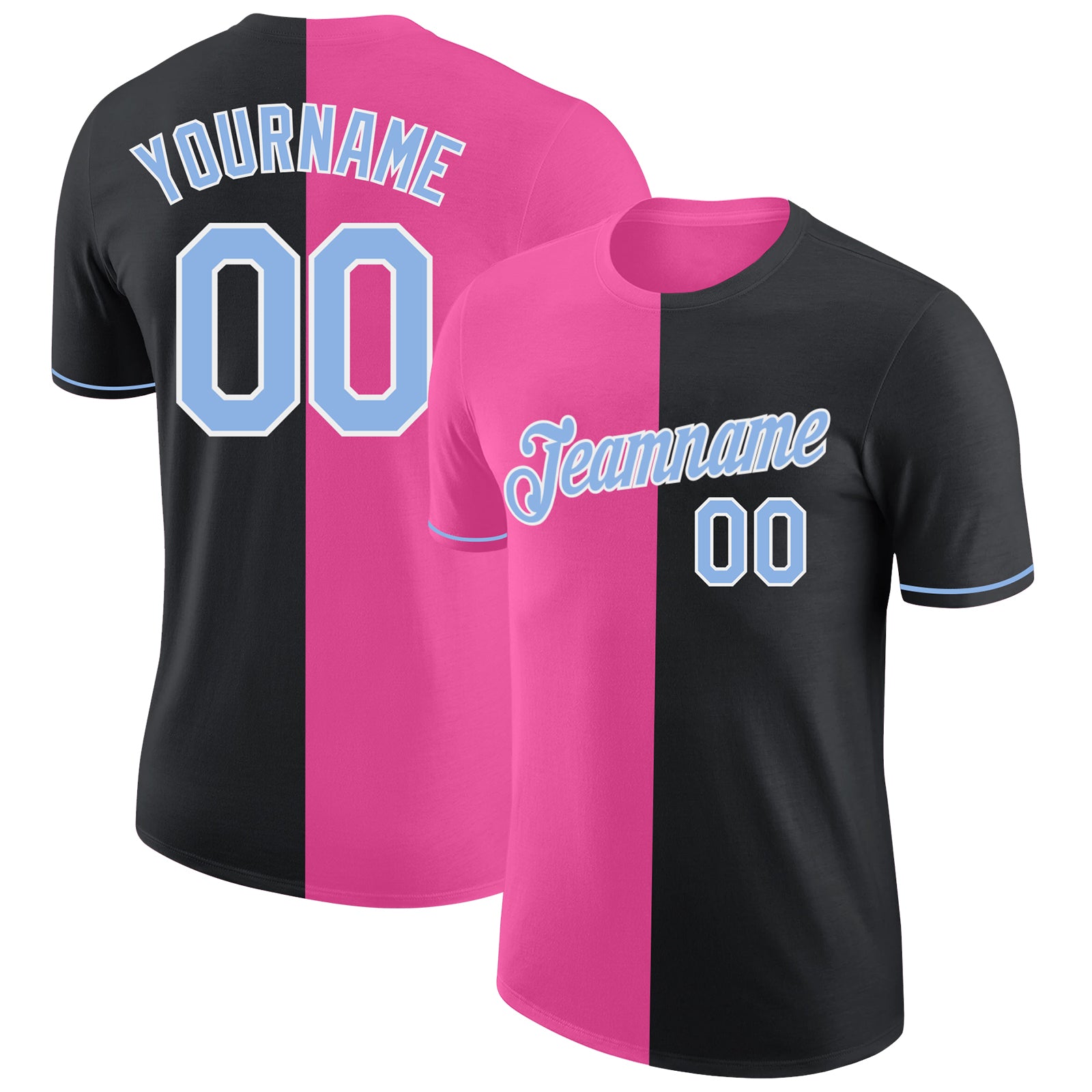 Custom Black Light Blue-Pink Split Fashion Performance T-Shirt