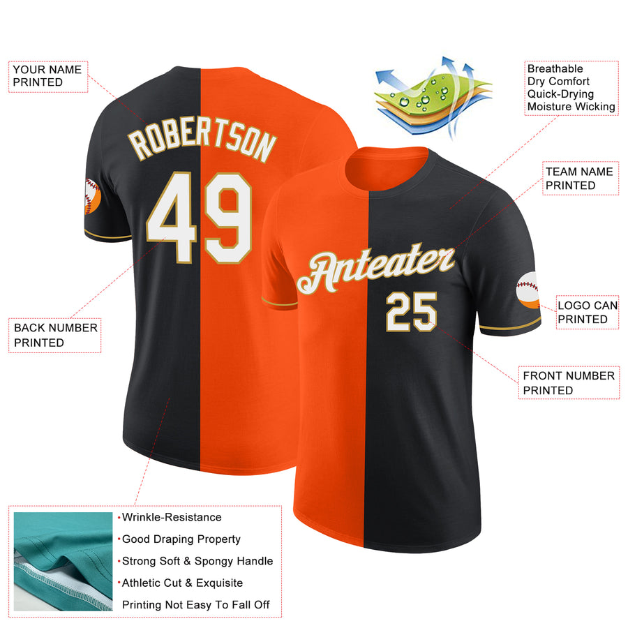 Custom Black Orange-Old Gold Split Fashion Performance T-Shirt