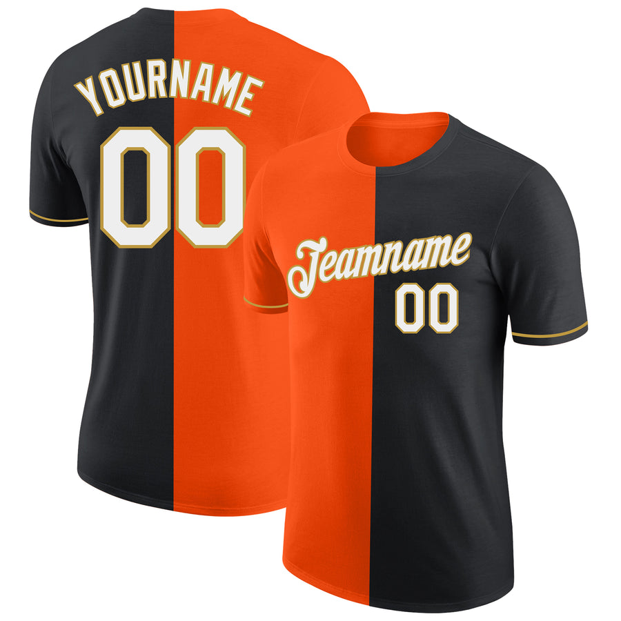 Custom Black Orange-Old Gold Split Fashion Performance T-Shirt