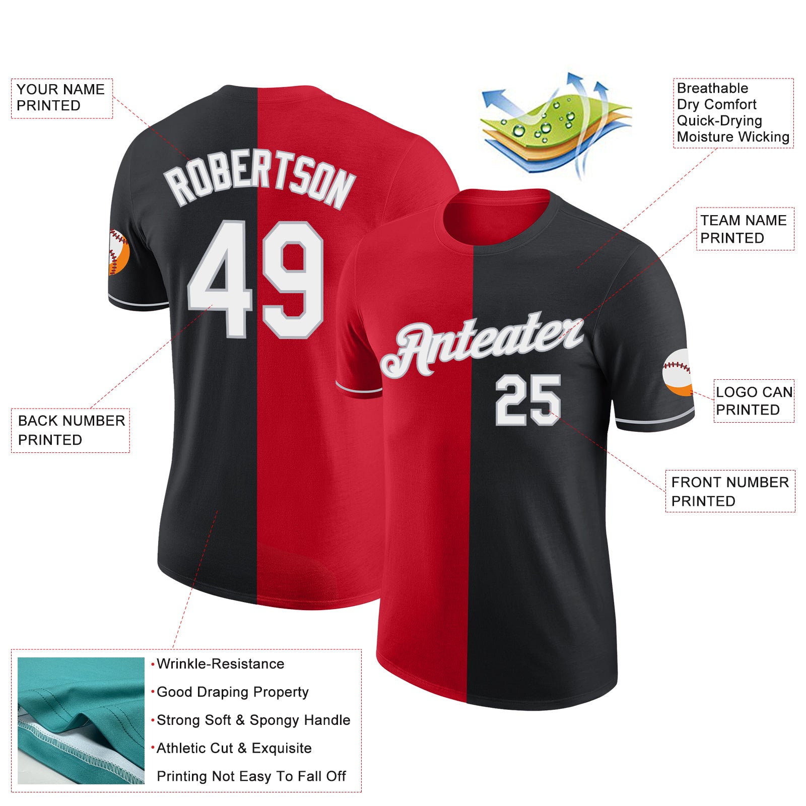 Custom Black Red-Gray Split Fashion Performance T-Shirt