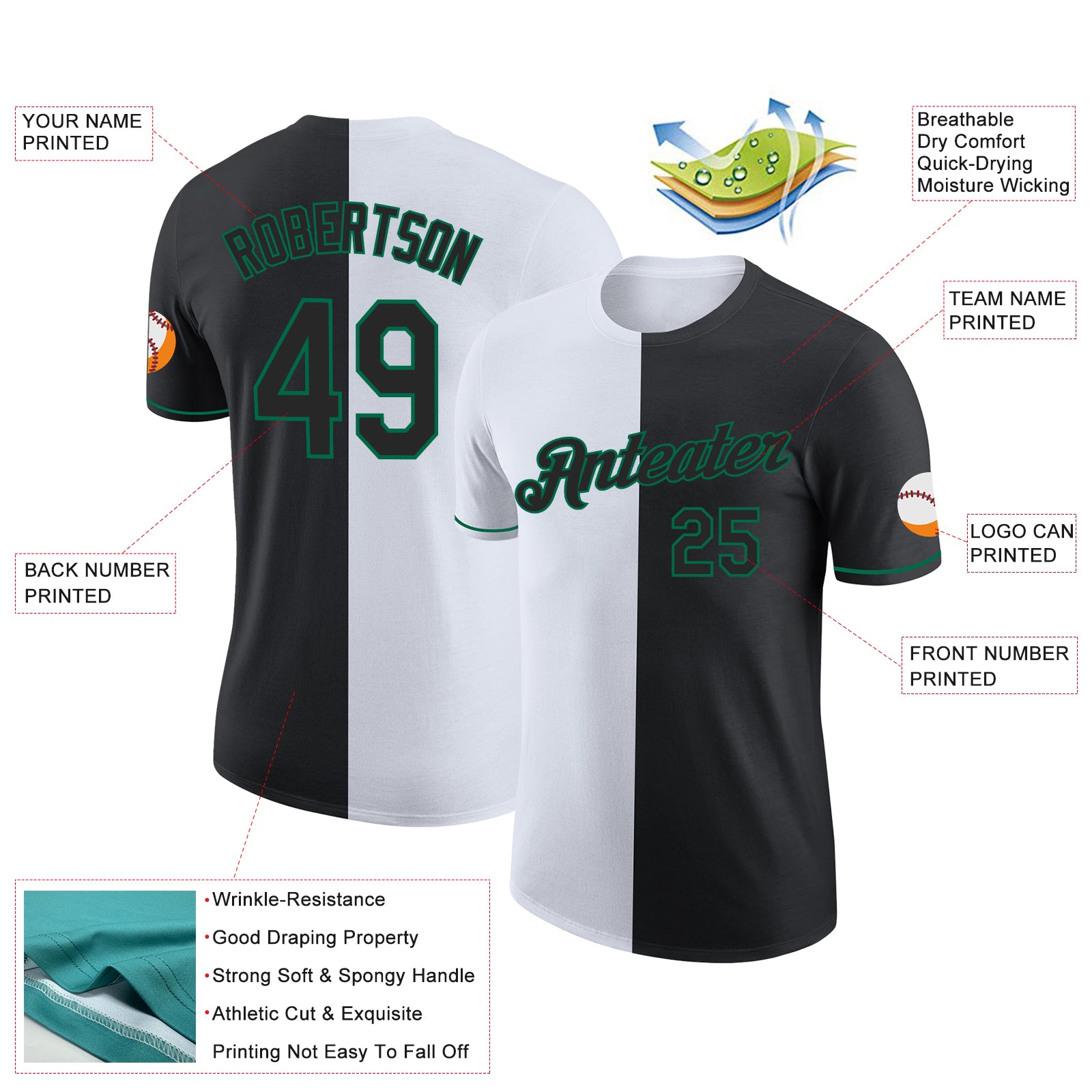 Custom Black White-Kelly Green Split Fashion Performance T-Shirt