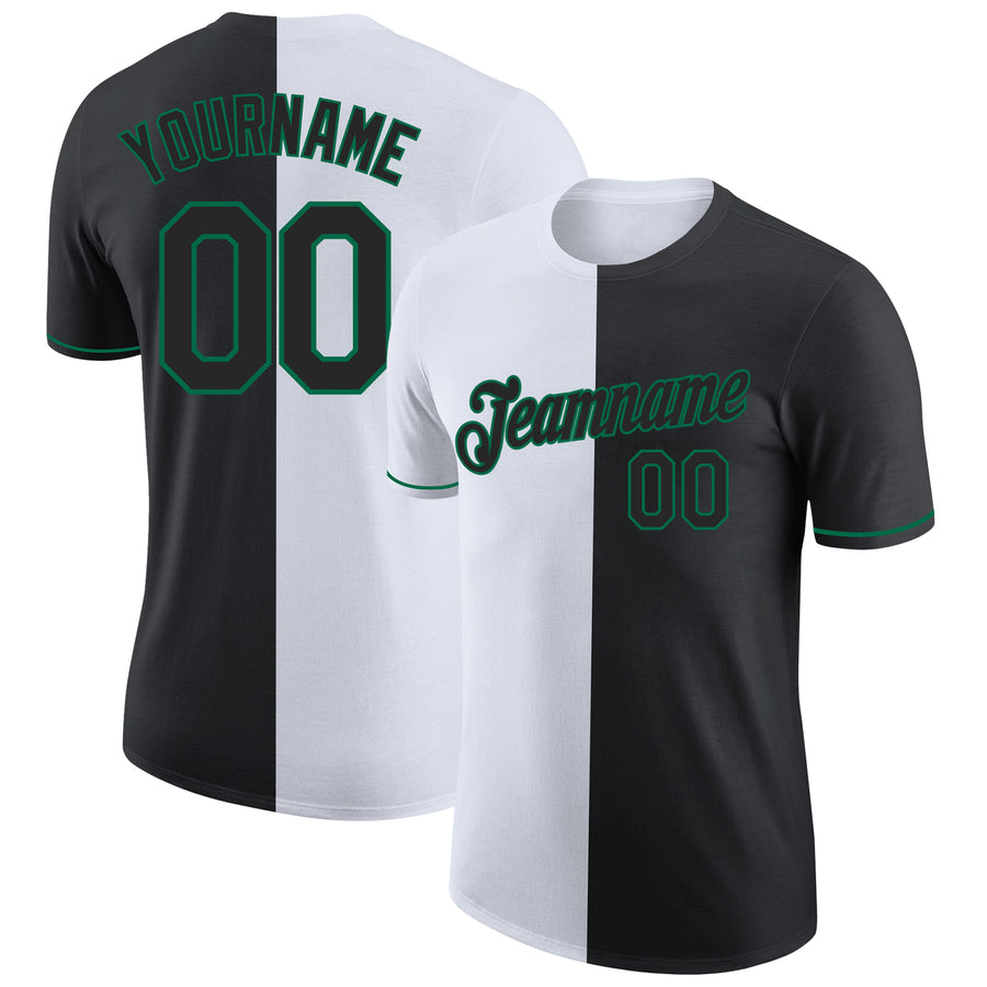 Custom Black White-Kelly Green Split Fashion Performance T-Shirt