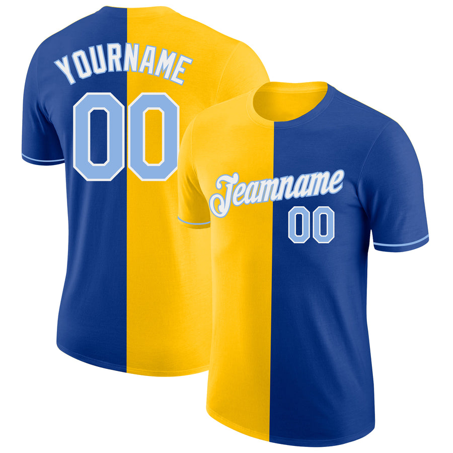 Custom Royal Light Blue-Yellow Split Fashion Performance T-Shirt
