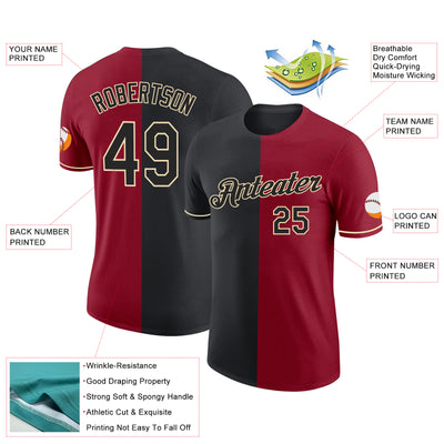 Custom Crimson Black-Cream Split Fashion Performance T-Shirt