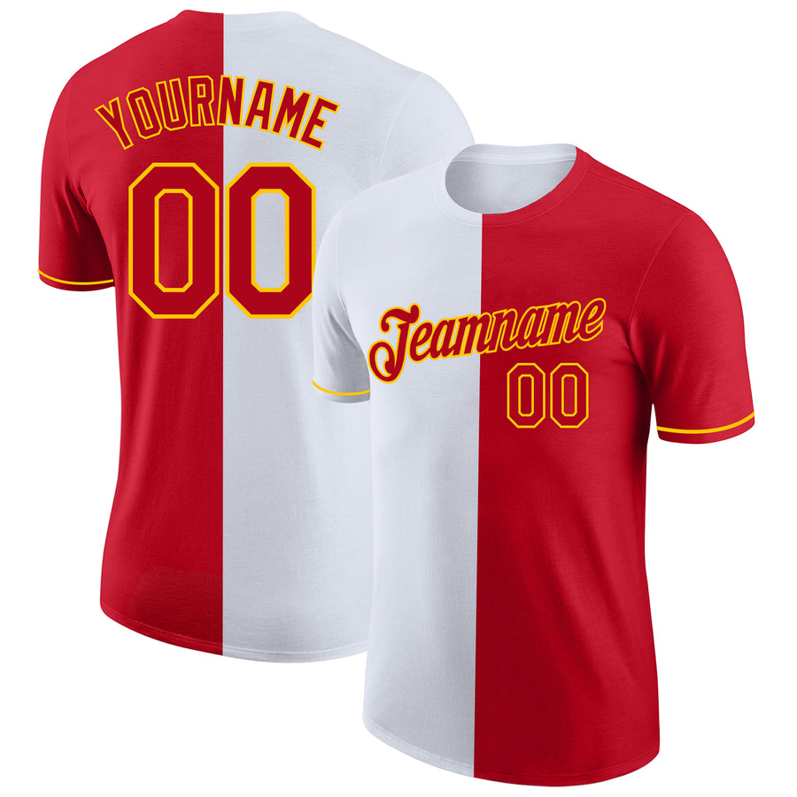 Custom Red White-Yellow Split Fashion Performance T-Shirt
