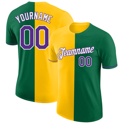 Custom Kelly Green Purple-Yellow Split Fashion Performance T-Shirt