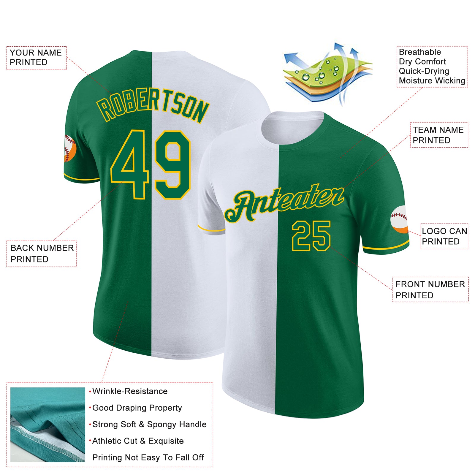 Custom Kelly Green White-Yellow Split Fashion Performance T-Shirt