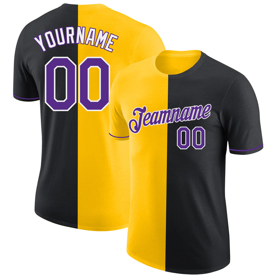 Custom Black Purple-Yellow Split Fashion Performance T-Shirt