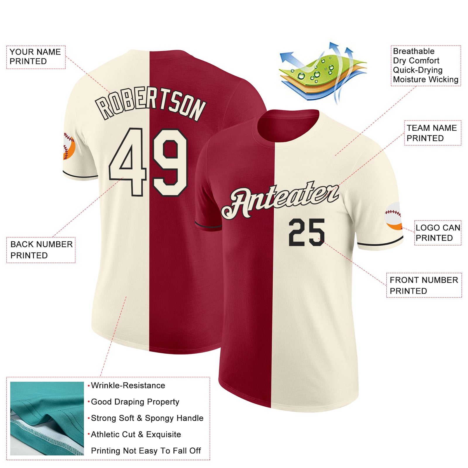 Custom Cream Crimson-Black Split Fashion Performance T-Shirt