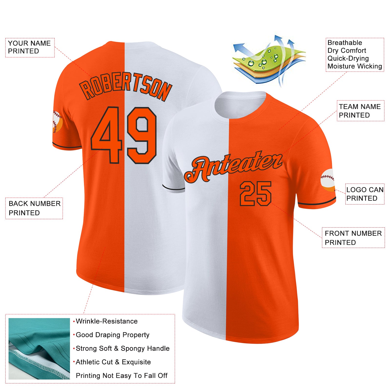 Custom Orange White-Black Split Fashion Performance T-Shirt