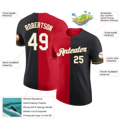 Custom Black Red-Old Gold Split Fashion Performance T-Shirt