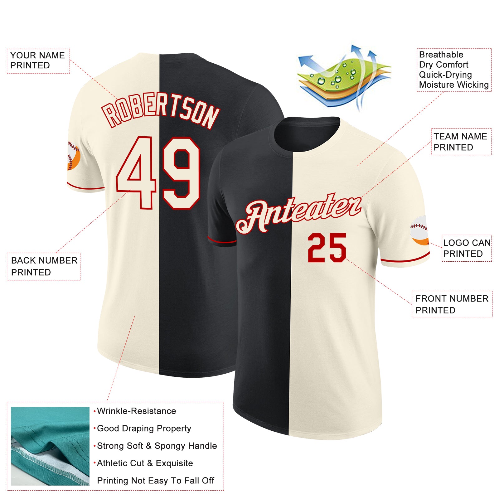 Custom Cream Black-Red Split Fashion Performance T-Shirt