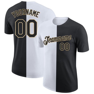Custom Black White-Vegas Gold Split Fashion Performance T-Shirt