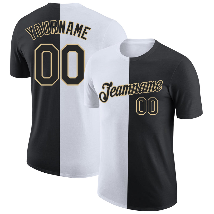 Custom Black White-Vegas Gold Split Fashion Performance T-Shirt