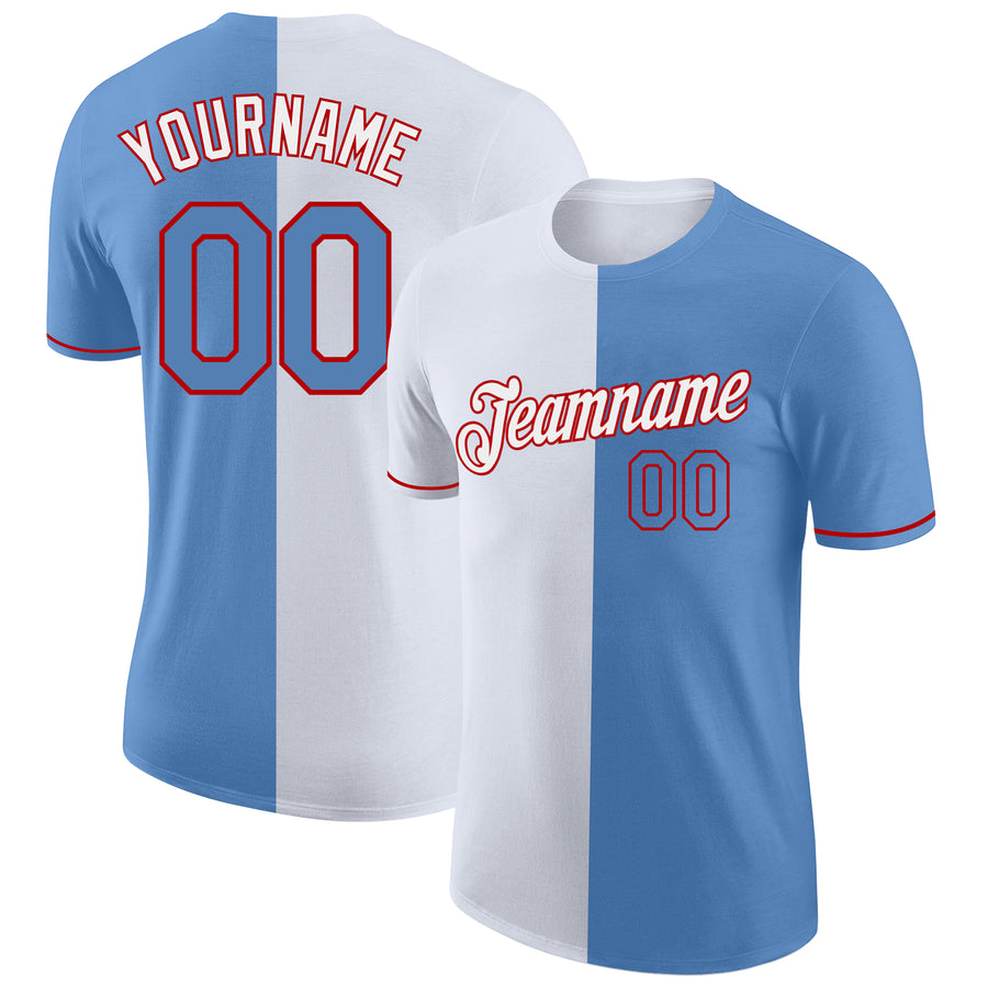 Custom Light Blue White-Red Split Fashion Performance T-Shirt