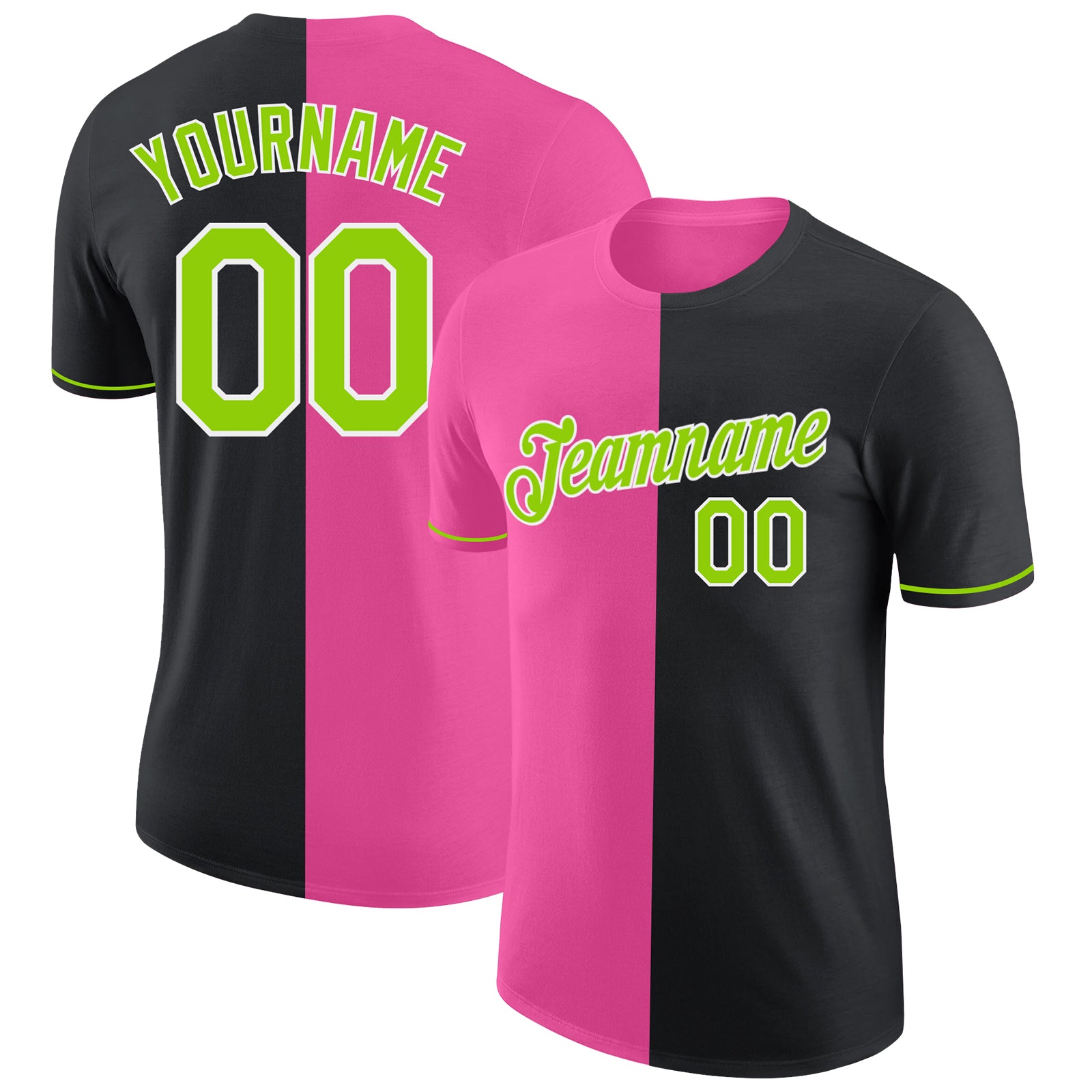 Custom Black Neon Green-Pink Split Fashion Performance T-Shirt