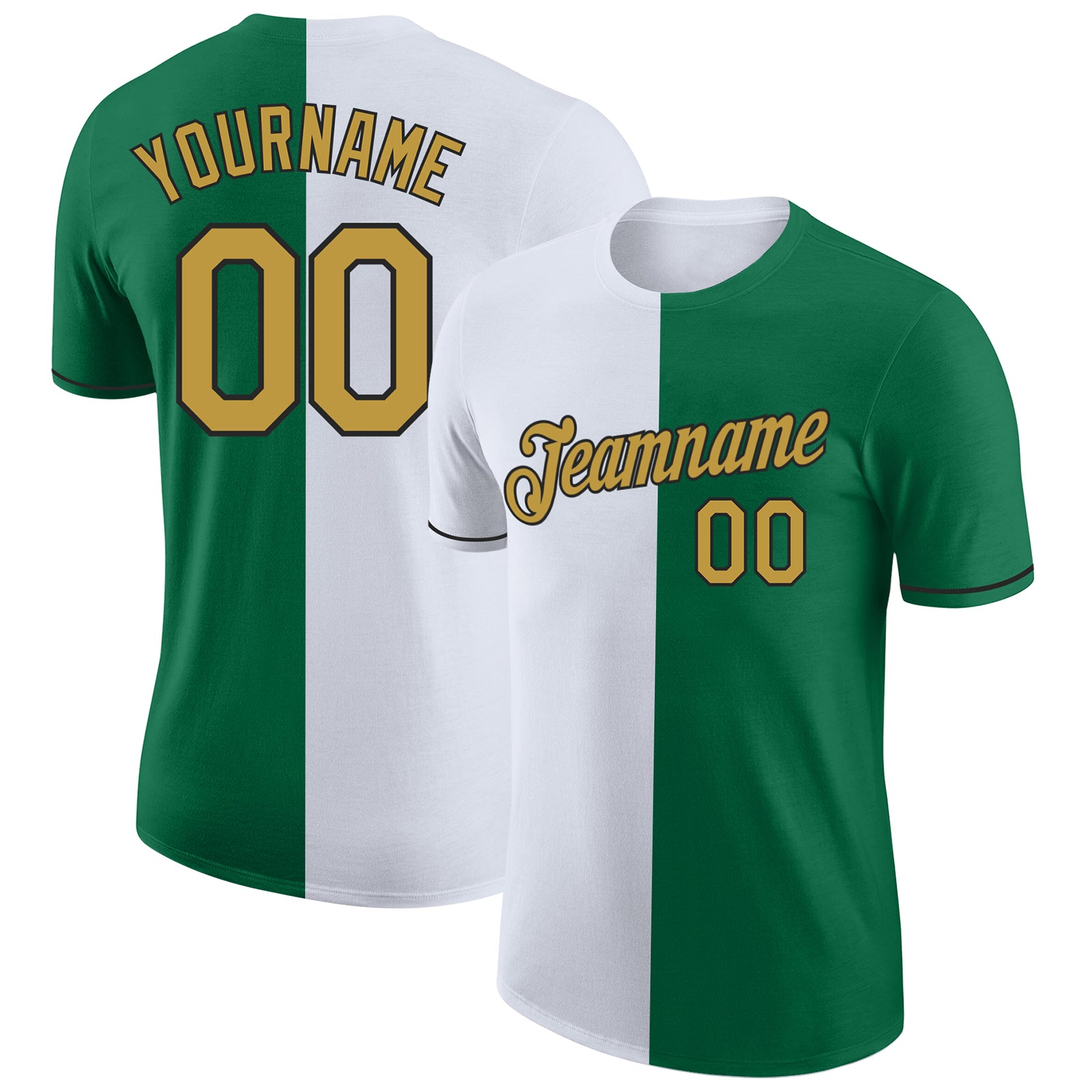 Custom Kelly Green Old Gold-Black Split Fashion Performance T-Shirt
