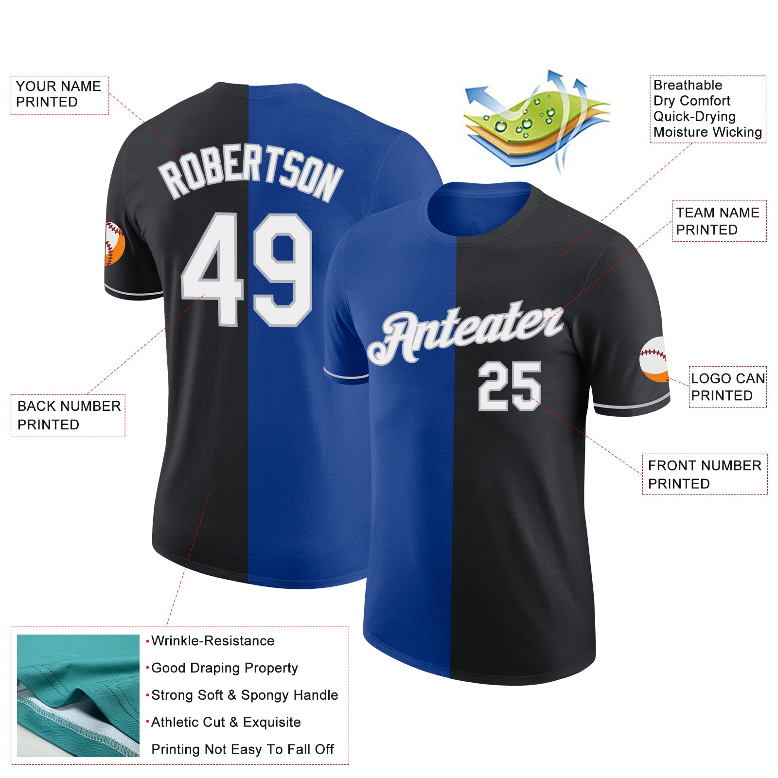 Custom Black Royal-Gray Split Fashion Performance T-Shirt