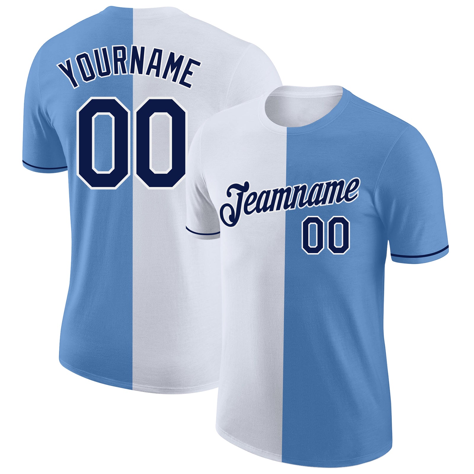 Custom Light Blue Navy-White Split Fashion Performance T-Shirt