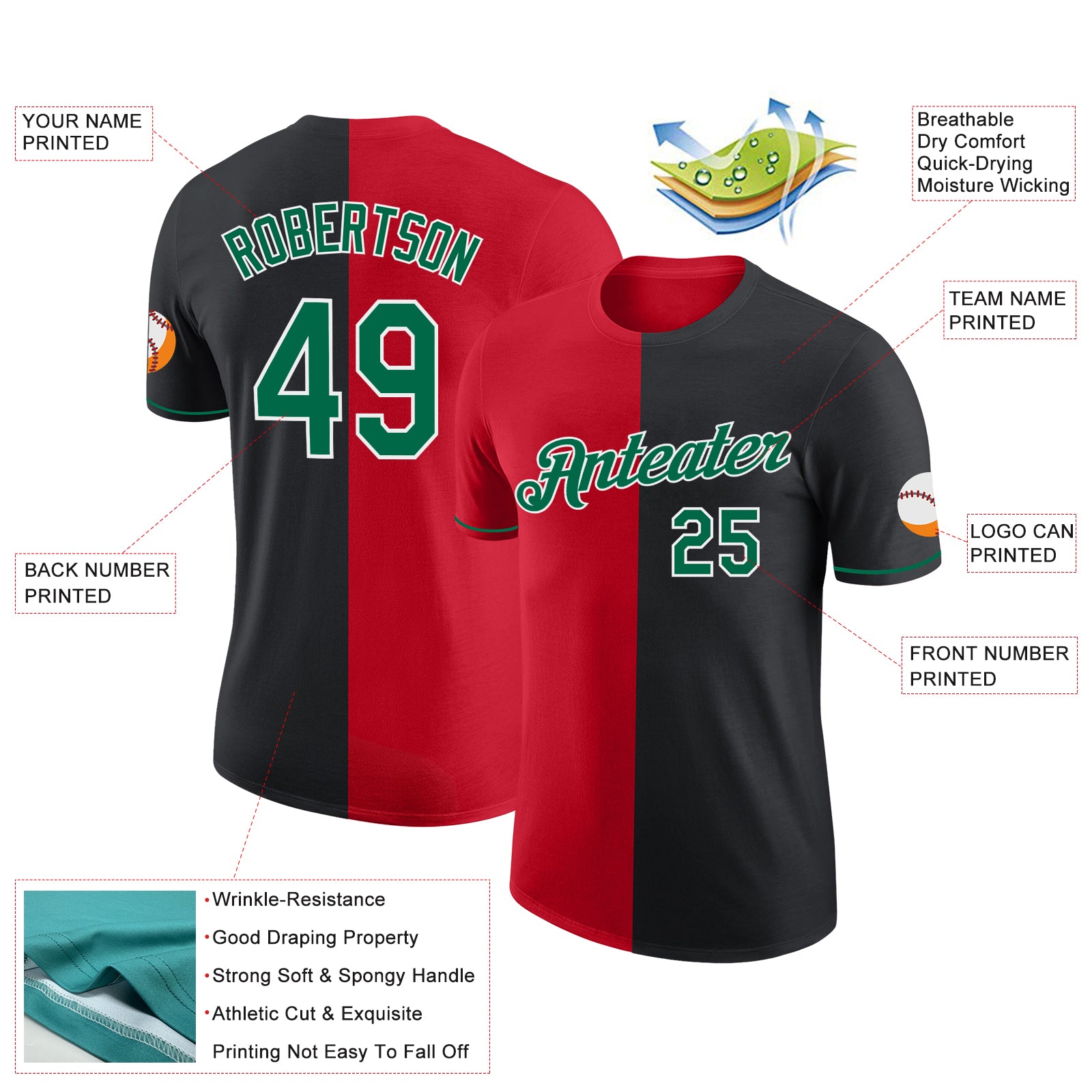 Custom Black Kelly Green-Red Split Fashion Performance T-Shirt