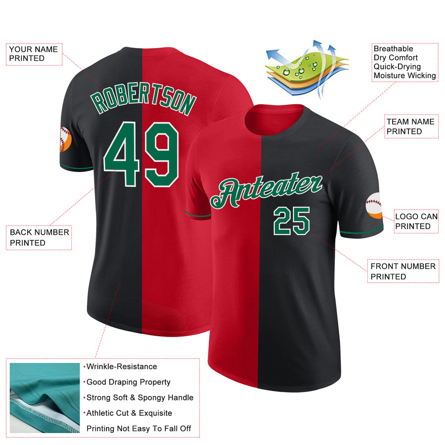 Custom Black Kelly Green-Red Split Fashion Performance T-Shirt