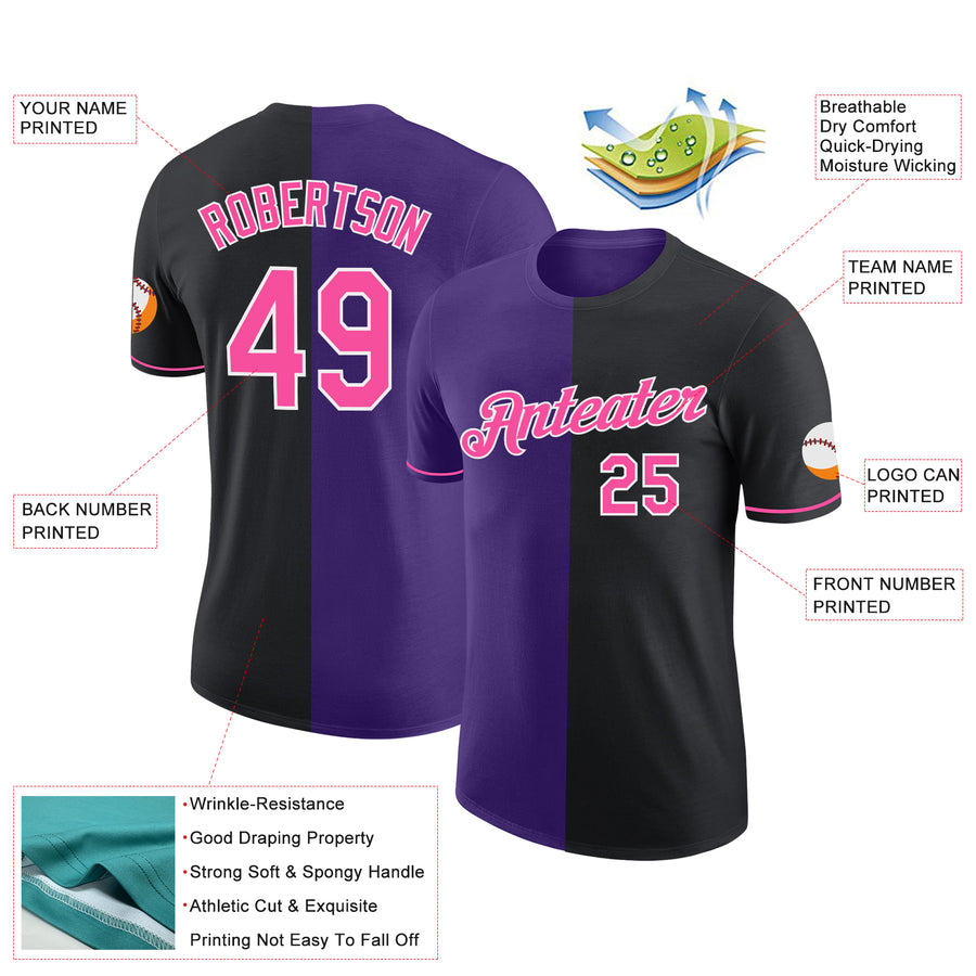 Custom Black Pink-Purple Split Fashion Performance T-Shirt