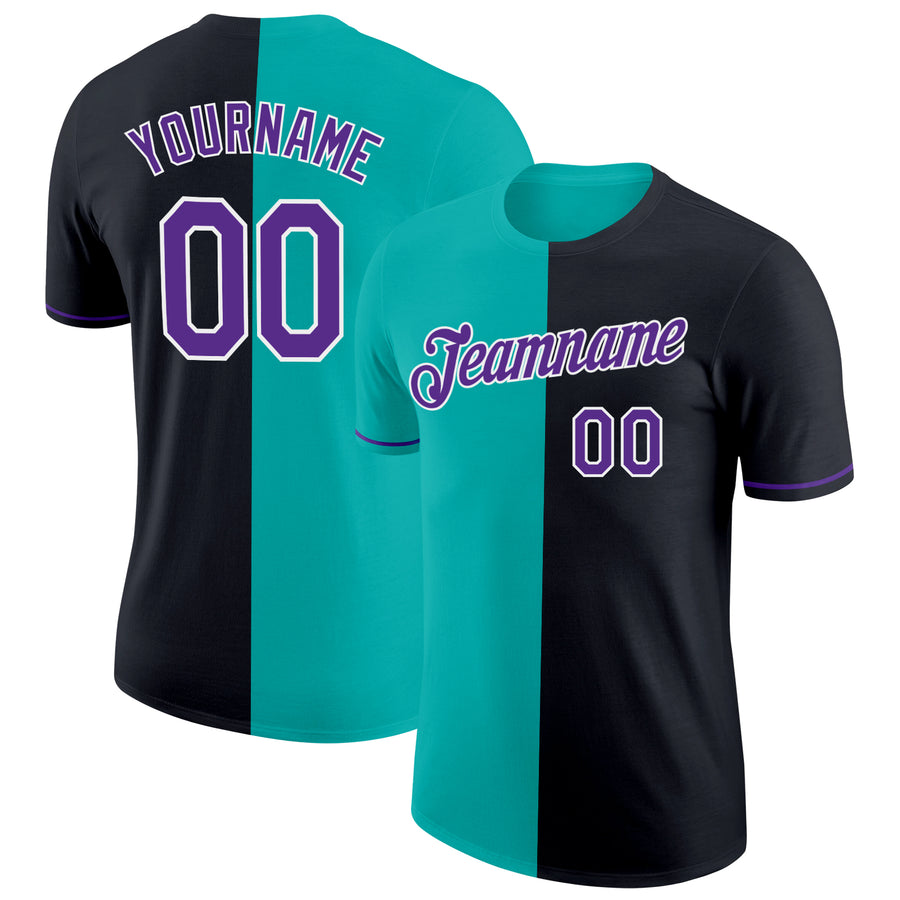 Custom Black Purple-Aqua Split Fashion Performance T-Shirt