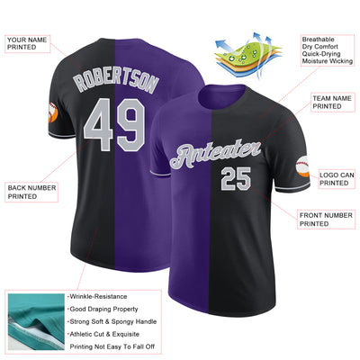 Custom Black Gray-Purple Split Fashion Performance T-Shirt