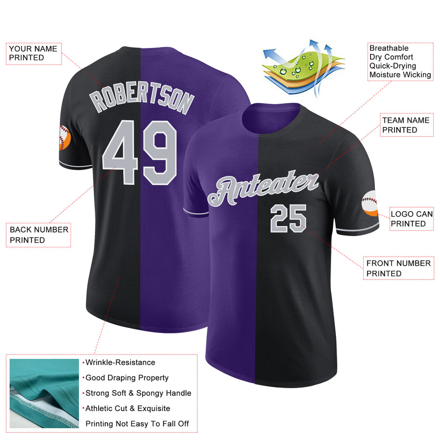 Custom Black Gray-Purple Split Fashion Performance T-Shirt