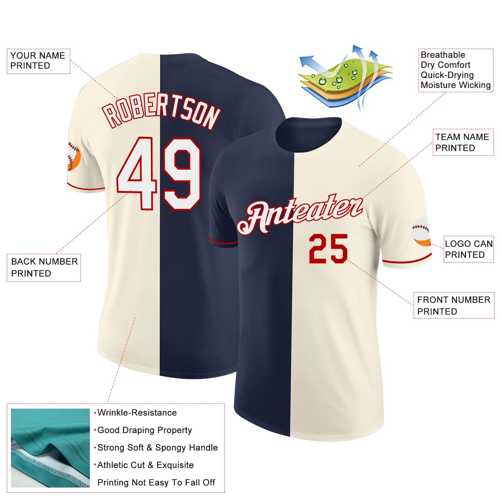 Custom Cream White Navy-Red Split Fashion Performance T-Shirt