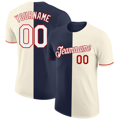 Custom Cream White Navy-Red Split Fashion Performance T-Shirt