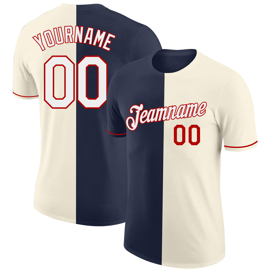 Custom Cream White Navy-Red Split Fashion Performance T-Shirt