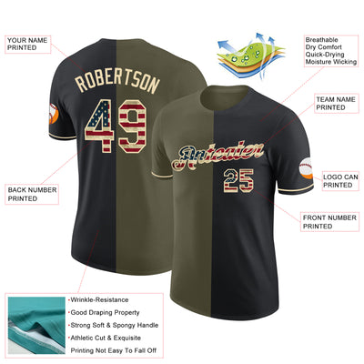 Custom Black Vintage USA Flag Olive-Cream Split Fashion Performance T-Shirt