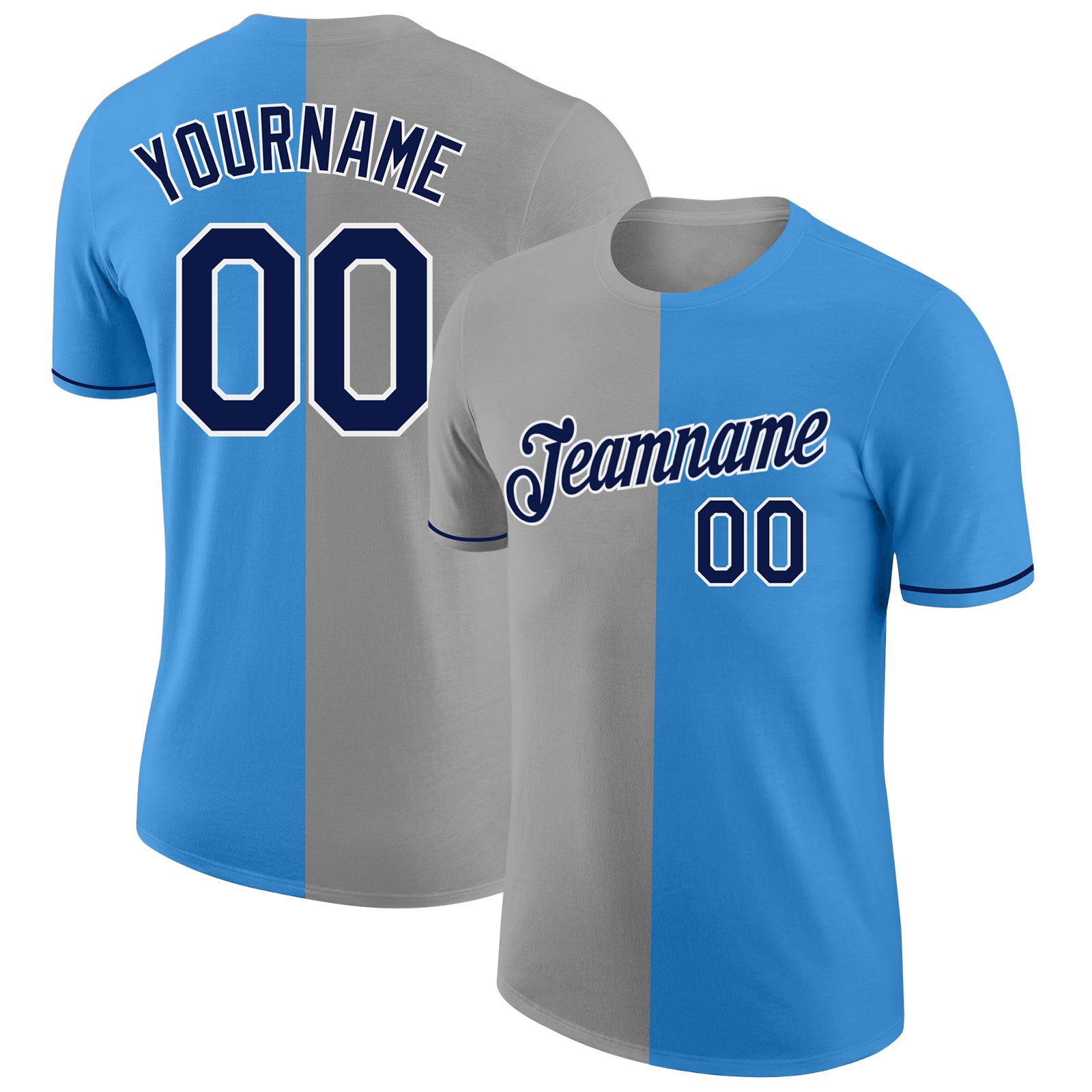 Custom Powder Blue Navy-Gray Split Fashion Performance T-Shirt