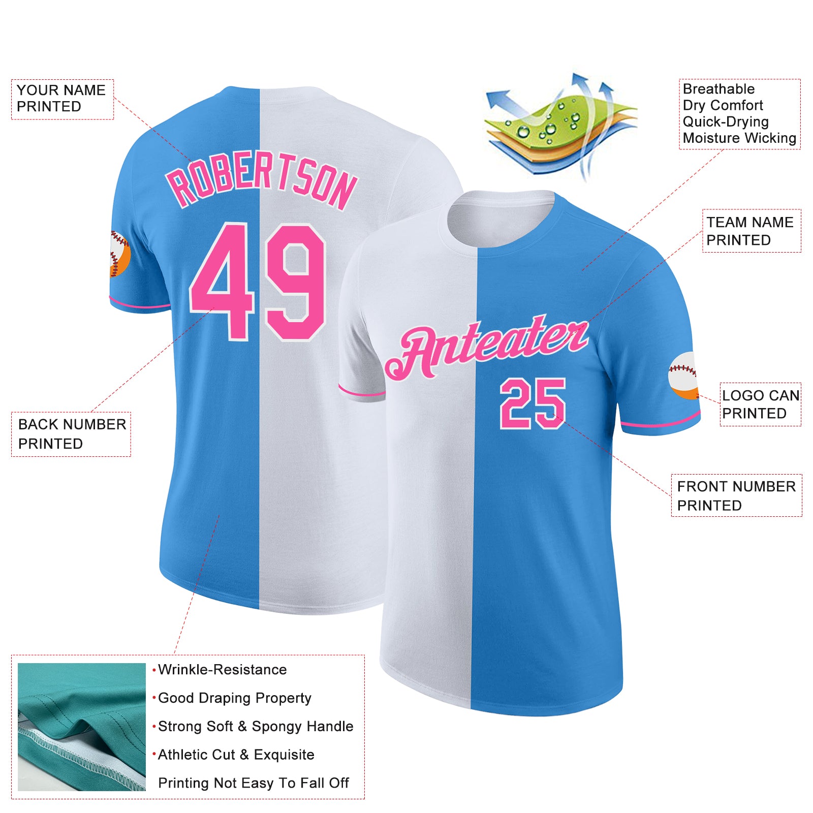 Custom Powder Blue Pink-White Split Fashion Performance T-Shirt