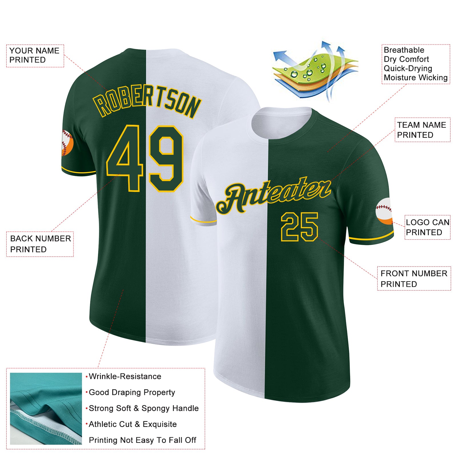 Custom Green White-Yellow Split Fashion Performance T-Shirt