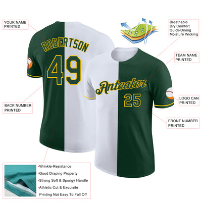 Custom Green White-Yellow Split Fashion Performance T-Shirt