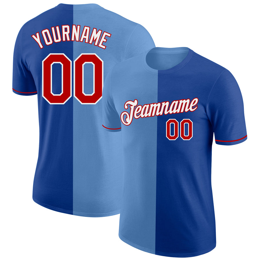 Custom Royal Red-Light Blue Split Fashion Performance T-Shirt