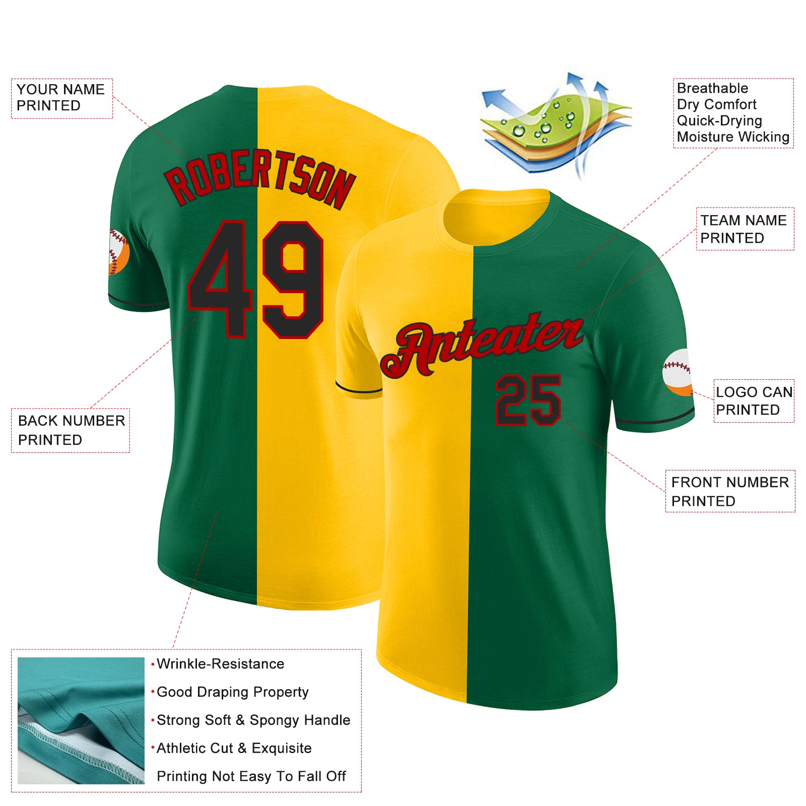 Custom Kelly Green Black Yellow-Red Split Fashion Performance T-Shirt