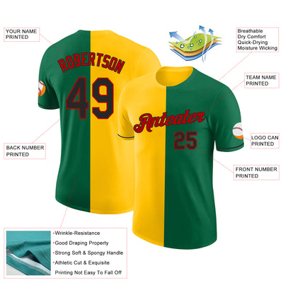 Custom Kelly Green Black Yellow-Red Split Fashion Performance T-Shirt