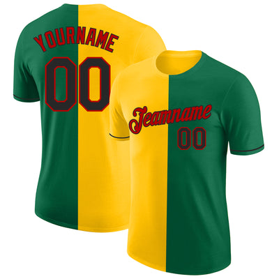 Custom Kelly Green Black Yellow-Red Split Fashion Performance T-Shirt